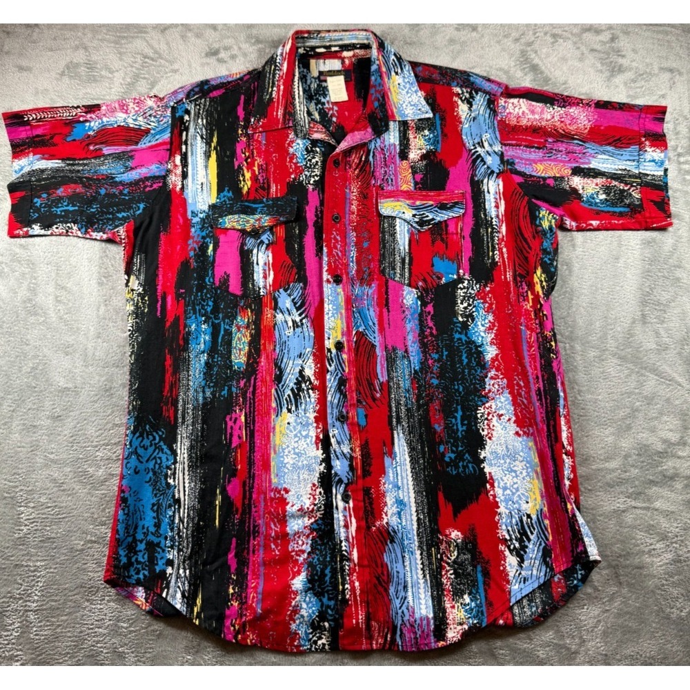 Vtg Ruddock Bros Abstract Western Shirt Men's L Extra Long Tail USA Cotton